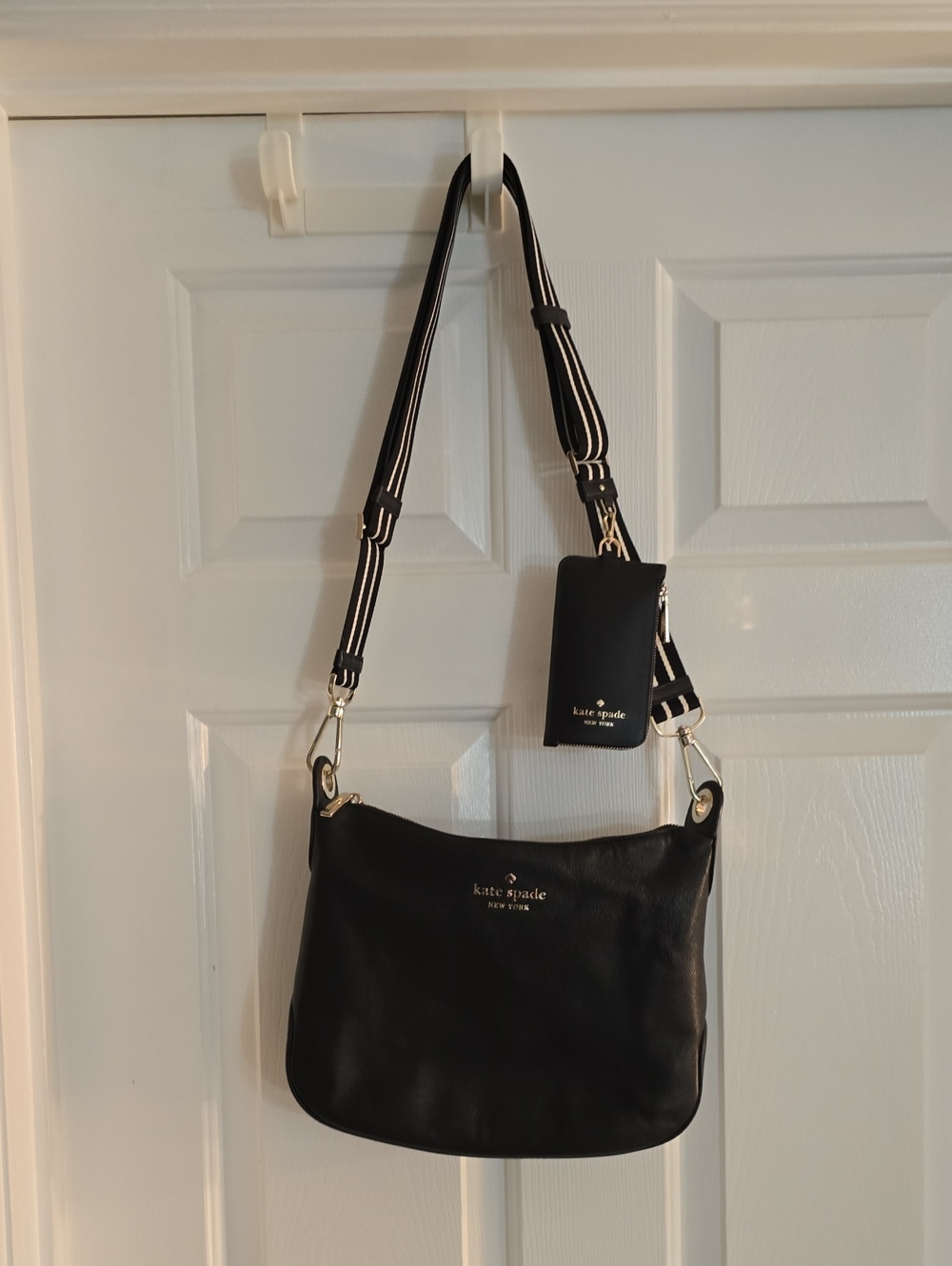 kate spade Black Leather Crossbody with Striped Adjustable Strap